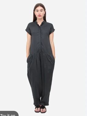 Black Crane Short-Sleeve Jumpsuit